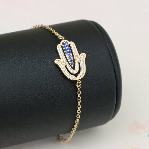 "Elegant Hamsa Hand Charm Rose Gold Bracelet with Blue Accents, XPBL0852 - Picture 2 of 12
